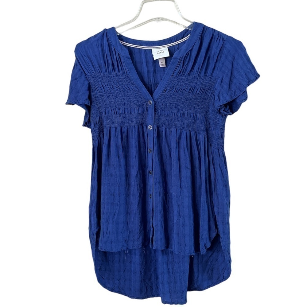 Knox Rose shirred gathered  high low top size XS short sleeves blue lightweight